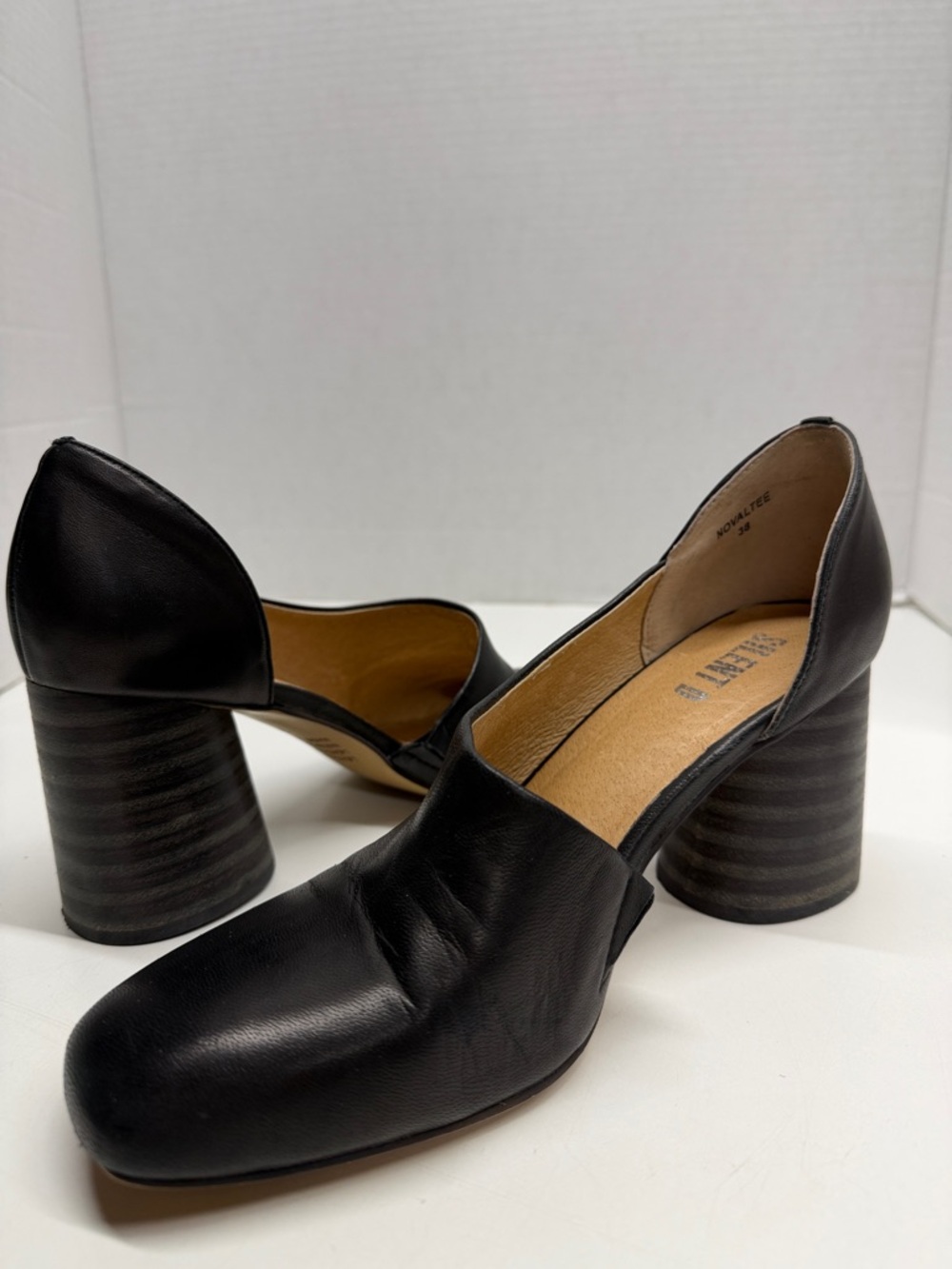 Silent D D'Orsay Pumps High Block Heel Shoes Square Toe Leather Black Size 8